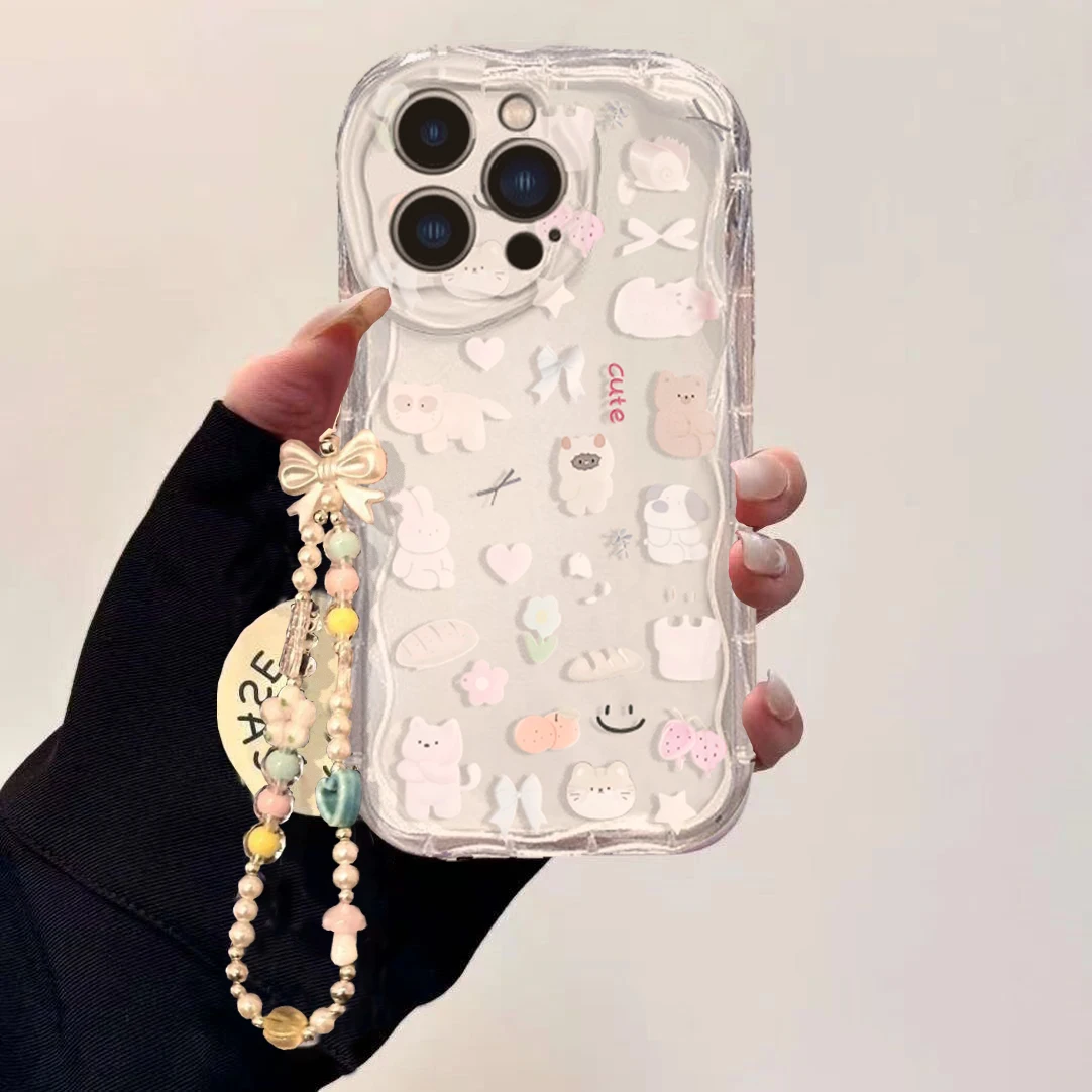 Cute Cartoon Wrist Strap Silicone Case - Etui z uroczym kotem i kokardką,