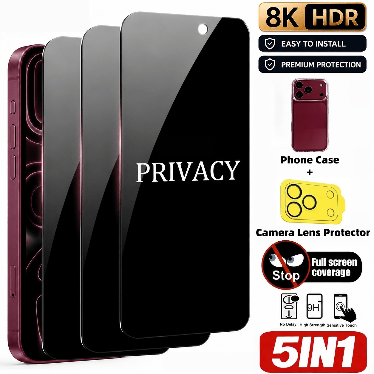 Anti Spy Privacy Glass Case - [Zestaw 5 szt.] 3 szt. szkła
