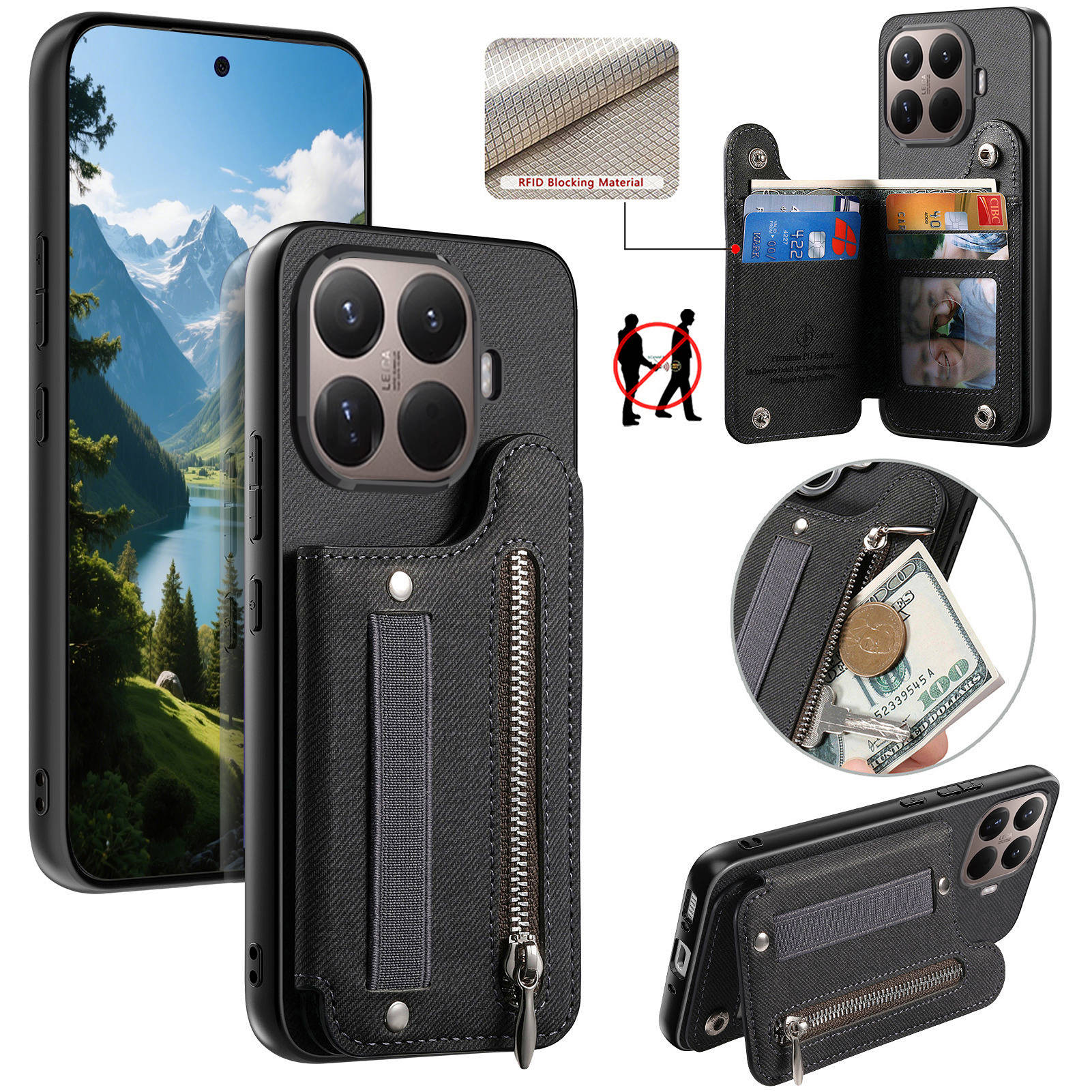 Leather Wallet Card Holder Phone Cover - Skórzany portfel na zamek błyskawiczny z